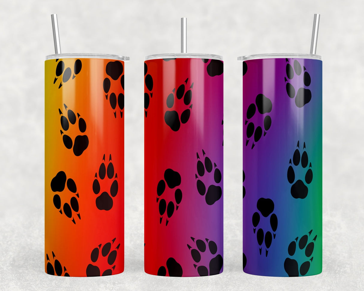 Rainbow Paw Prints  - 20 oz Steel Skinny Tumbler - Optional Blue Tooth Speaker - Speaker Color will Vary by Rowdy Ridge Co