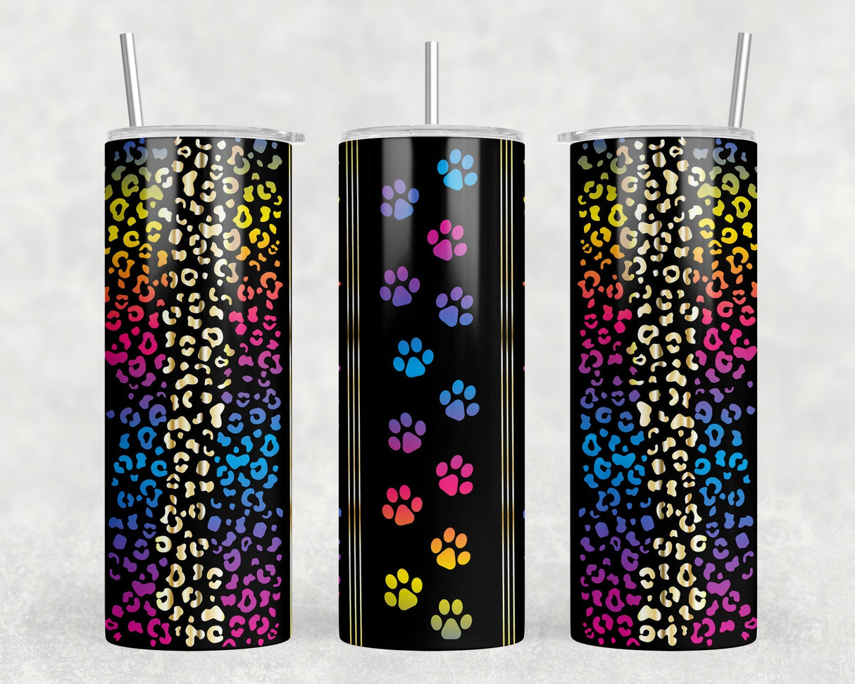 Rainbow Paw Prints - 20 oz Steel Skinny Tumbler - Optional Blue Tooth Speaker - Speaker Color will Vary by Rowdy Ridge Co