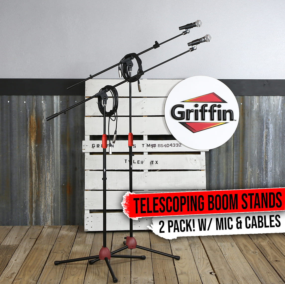 GRIFFIN Microphone Boom Stand, Cardioid Dynamic Mic, XLR Cable, & Clip (Pack of 2) - Telescoping Arm by GeekStands.com