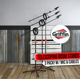 GRIFFIN Microphone Boom Stand & Cardioid Wired Mic, XLR Cable, & Clip (Pack of 3) - Telescoping Arm by GeekStands.com