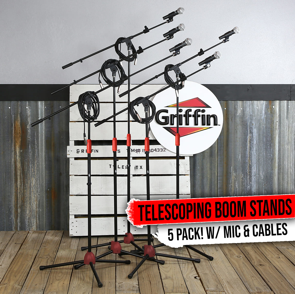 GRIFFIN Microphone Stand Package of 5 with Vocal Unidirectional Handheld Mics & XLR Cables by GeekStands.com