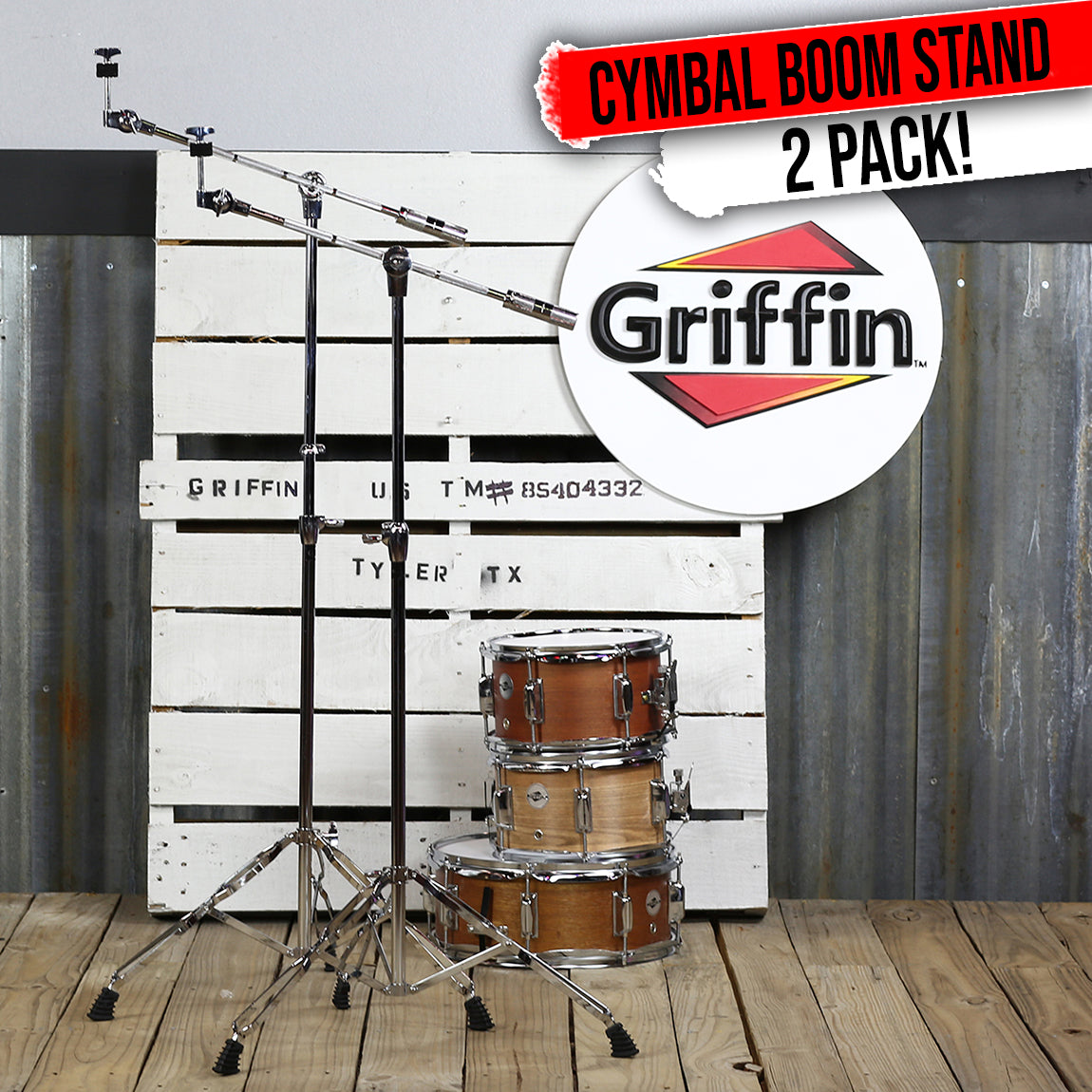 Cymbal Stand With Boom Arm by GRIFFIN (Pack of 2) | Drum Percussion Gear Hardware Set with Double Braced Legs | Counterweight Adapter for Mounting Heavy Duty Crash, Ride, Splash Cymbals For Drummers by GeekStands.com