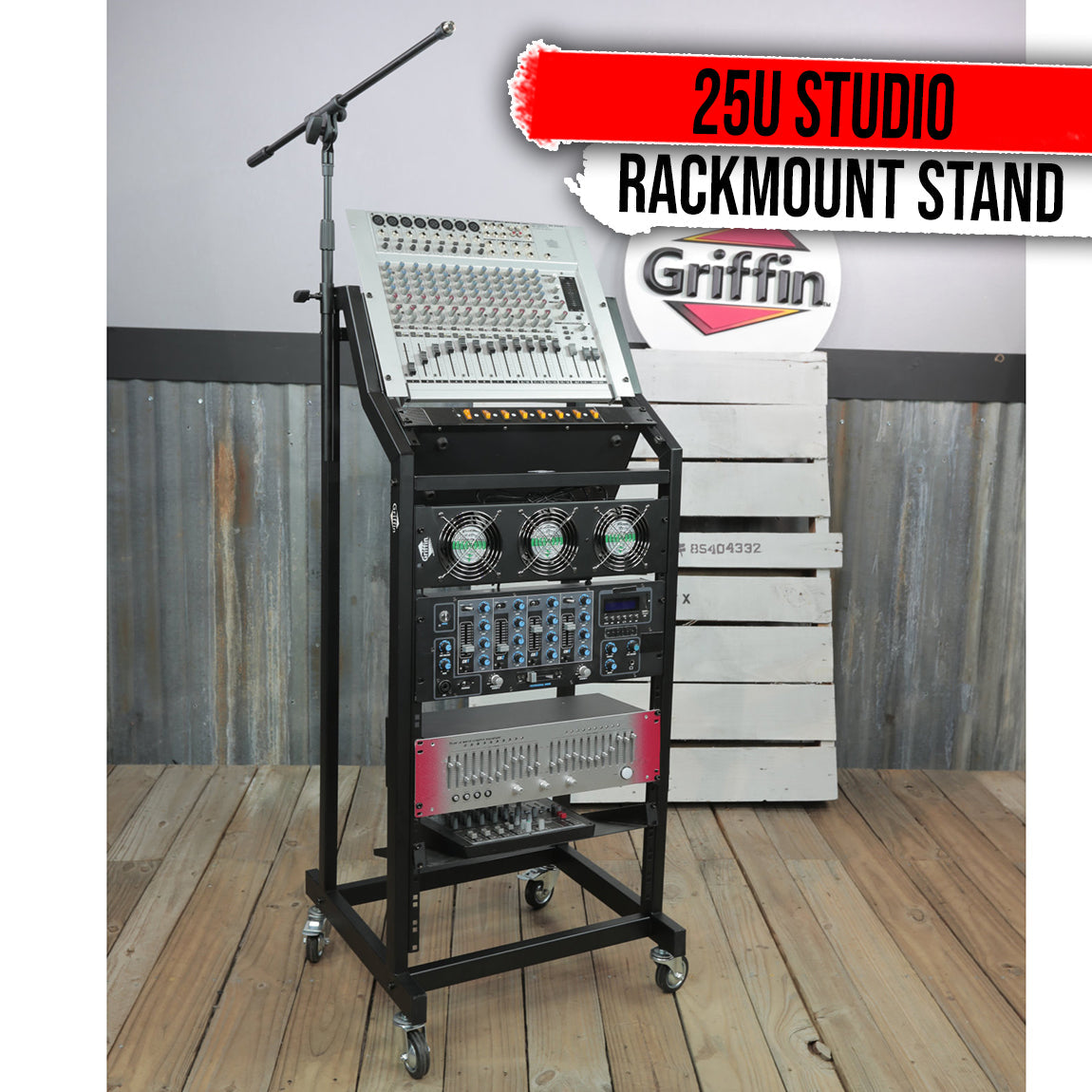 GRIFFIN Rack Mount Cart Stand & Top Mixer Platform 25U - Rolling Music Studio Booth Case Holder by GeekStands.com