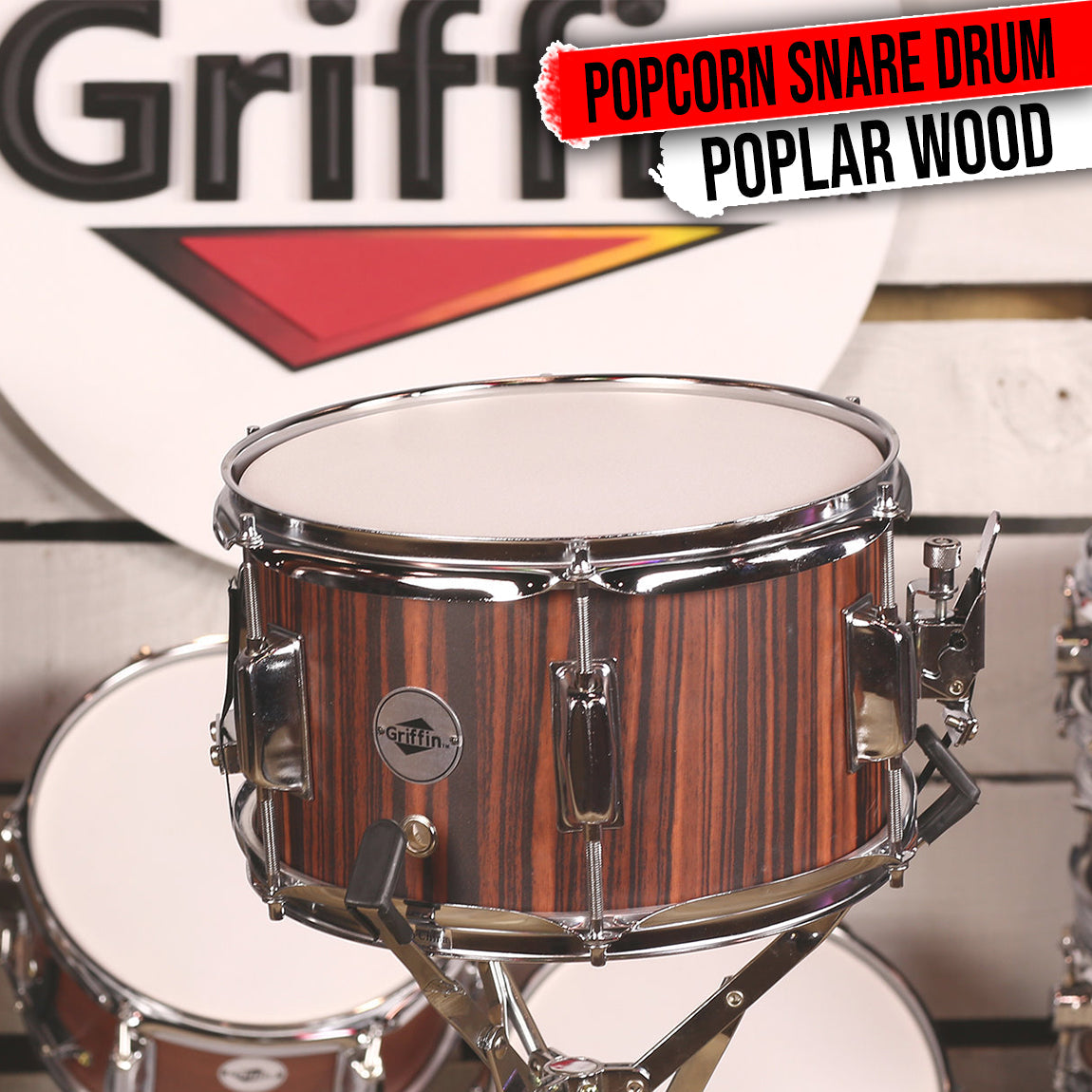 GRIFFIN Firecracker Snare Drum - Acoustic Popcorn 10" x 6" Poplar Mini Wood Shell & Black Hickory by GeekStands.com