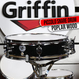 Piccolo Snare Drum 13" x 3.5" by GRIFFIN - 100% Poplar Wood Shell Black PVC & White Coated Drum Head by GeekStands.com