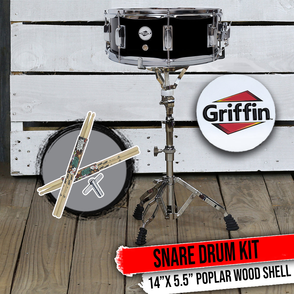 GRIFFIN Snare Drum Kit with Snare Stand, 2 Pairs of Drum Sticks & Drum Key | Wood Shell Drum Set, Maple Sticks, Chrome Holder Acoustic Marching Percussion Musical Instrument Practice Package by GeekStands.com