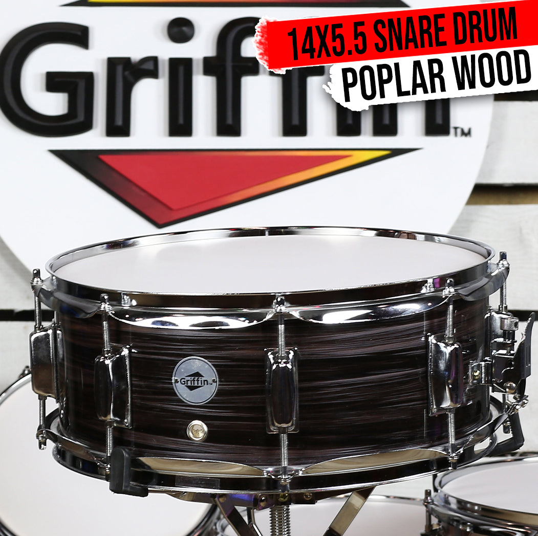 Deluxe Snare Drum by GRIFFIN - 14" x 5.5" Poplar Wood Shell with Zebra PVC Glossy Finish by GeekStands.com