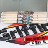 12 Pairs of Select Elite Maple Wood Drum Sticks by GRIFFIN Attack Zzzap - Size 5A Premium Balanced, Level and Straight - Drummers Percussion Classic Pure Grit Uncoated, Raw Wood Drumming Sticks by GeekStands.com