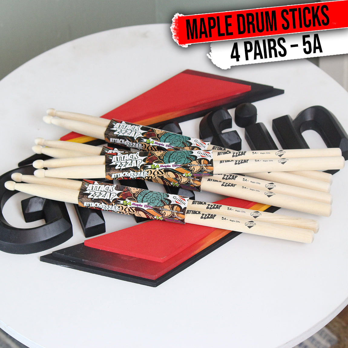 GRIFFIN Attack Zzzap Drum Sticks - 4 Pairs of Select Elite Maple Wood Size 5A - Premium Balanced, Level and Straight - Drummers Percussion Classic Pure Grit Uncoated, Raw Wood Drumming Sticks by GeekStands.com