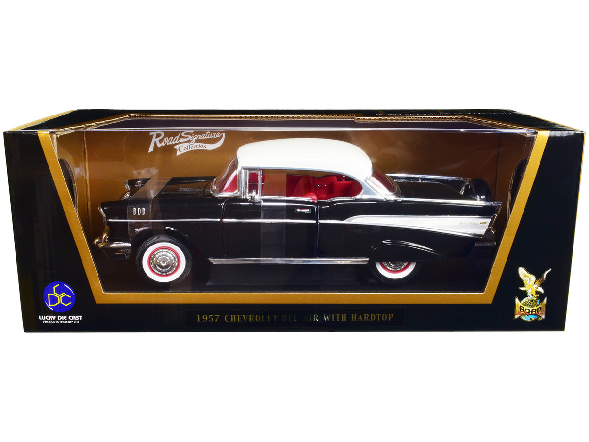 1957 Chevrolet Bel Air Hardtop Black with White Top and Red Interior 1/18 Diecast Model Car by Road Signature