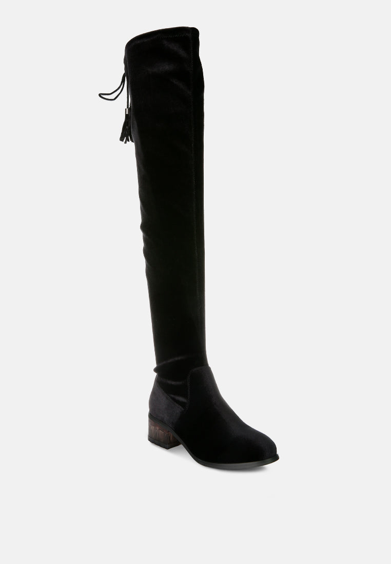 rumple velvet over the knee clear heel boots by London Rag