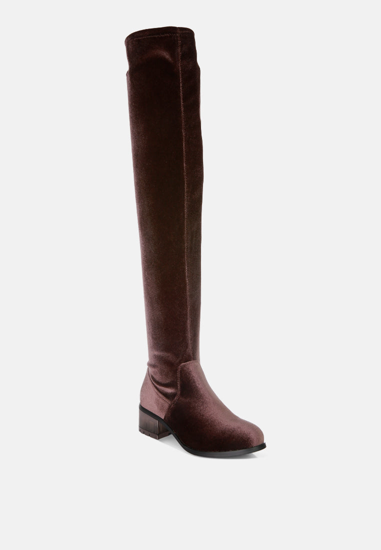 rumple velvet over the knee clear heel boots by London Rag