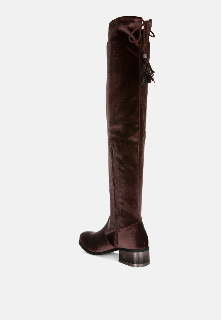 rumple velvet over the knee clear heel boots by London Rag