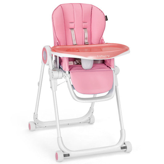 Baby High Chair Foldable Feeding Chair with 4 Lockable Wheels-Pink