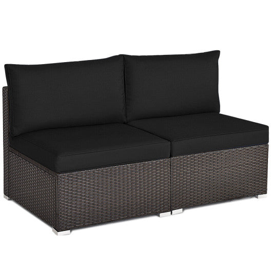 2 Pieces Patio Rattan Armless Sofa Set with 2 Cushions and 2 Pillows-Black