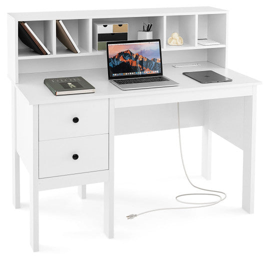 48 Inch Computer Desk with Drawers Power Outlets and 5-Cubby Hutch-White