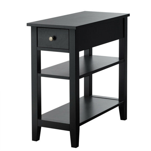 3-Tier Nightstand Bedside Table Sofa Side with Double Shelves Drawer-Black