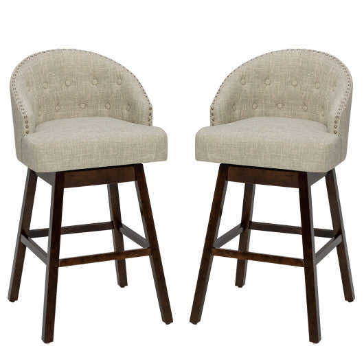 Set of 2 Swivel Bar Stools with Rubber Wood Legs and Padded Back-Beige