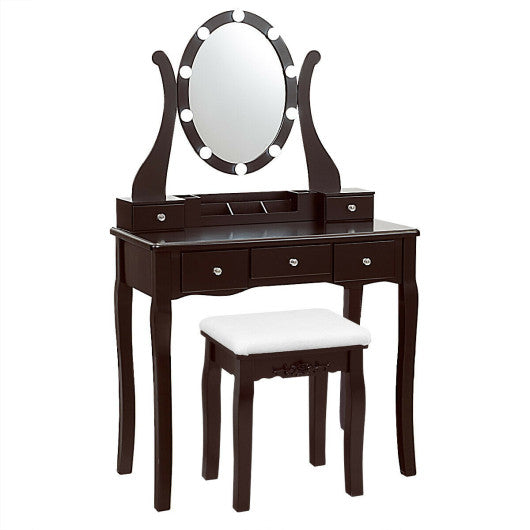 10 Dimmable Lights Vanity Table Set with Lighted Mirror and Cushioned Stool-Coffee