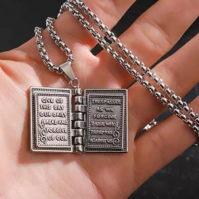 Silver Bible Open Pages Pendant Lord's Prayer Necklace Religious Jewelry 24" _mkpt by Js House