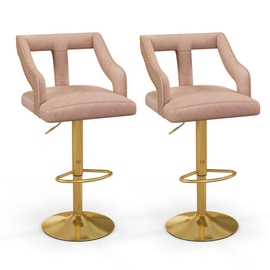 Set of 2 Bar Chairs with Footrest and 2-Layer Electroplated Metal Base-Pink