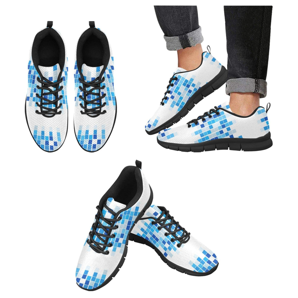 Sneakers for Women, Blue and White Mosaic Print - Running Shoes by inQue.Style