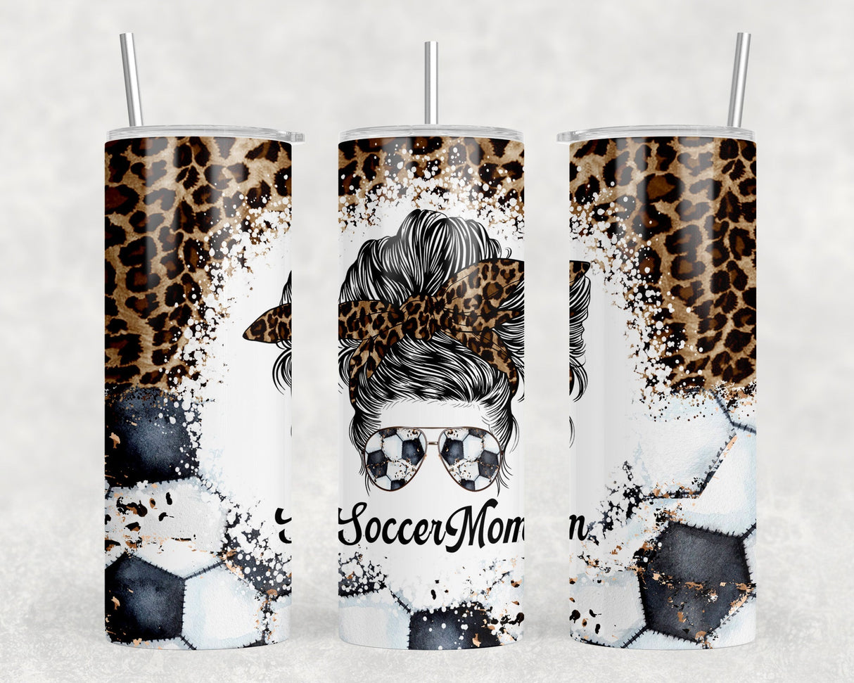 Soccer Mom Leopard Print - 20 oz Steel Skinny Tumbler - Optional Blue Tooth Speaker - Speaker Color will Vary by Rowdy Ridge Co