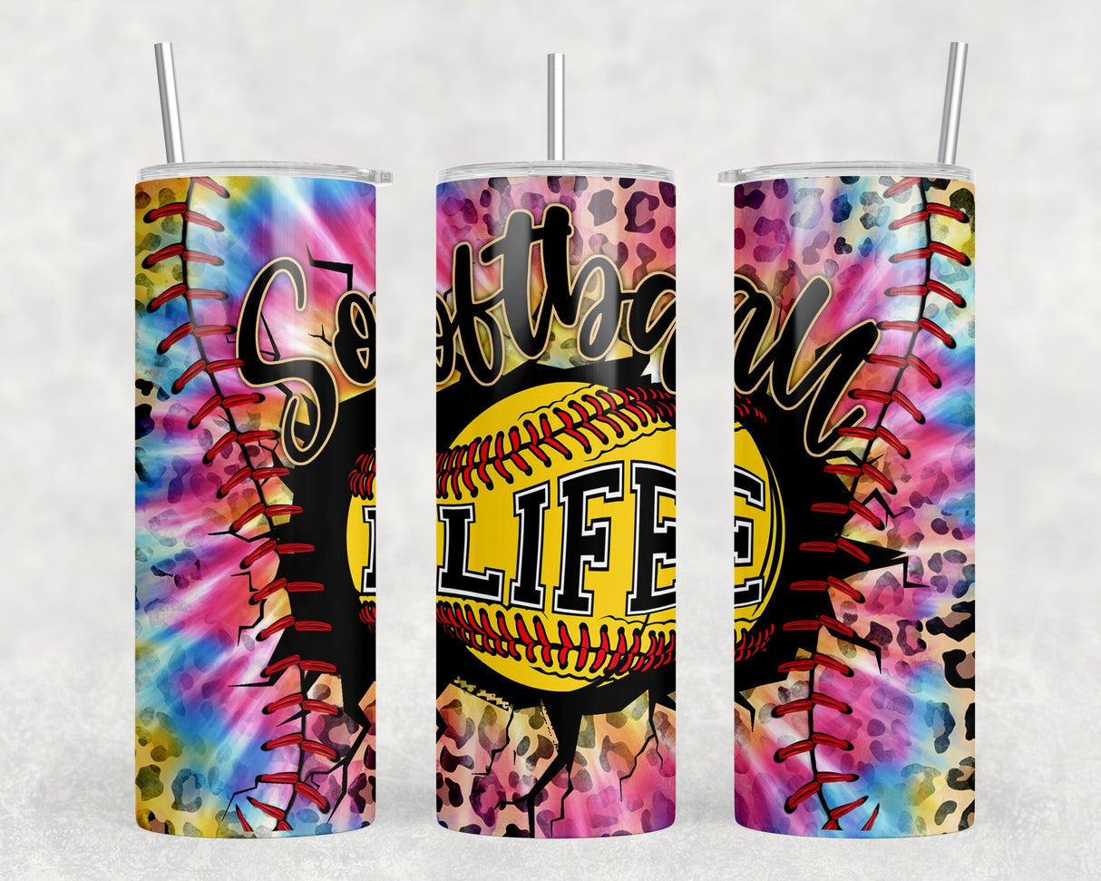 Softball Life Tie Dye - 20 oz Steel Skinny Tumbler - Optional Blue Tooth Speaker - Speaker Color will Vary by Rowdy Ridge Co