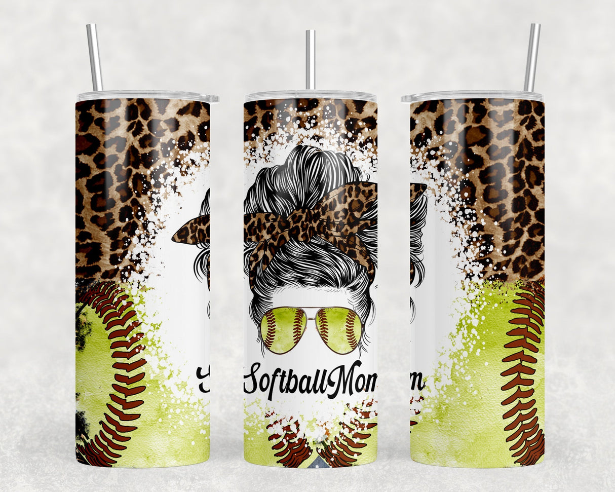 Softball Mom Leopard Print - 20 oz Steel Skinny Tumbler - Optional Blue Tooth Speaker - Speaker Color will Vary by Rowdy Ridge Co