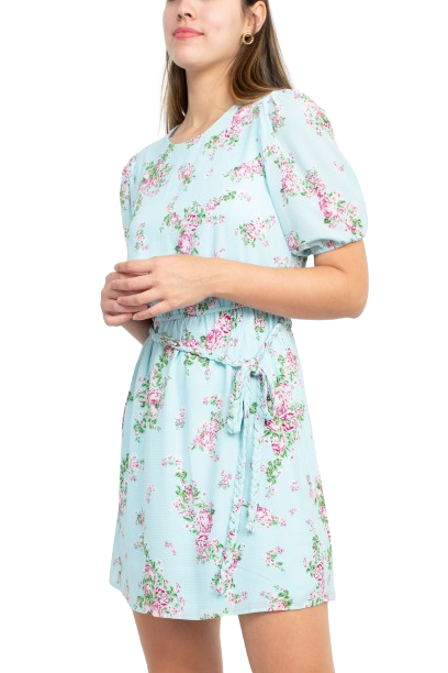 Sage Collective Crew Neck Short Sleeve Tie Waist Keyhole Back Floral Print Crepe Dress by Curated Brands