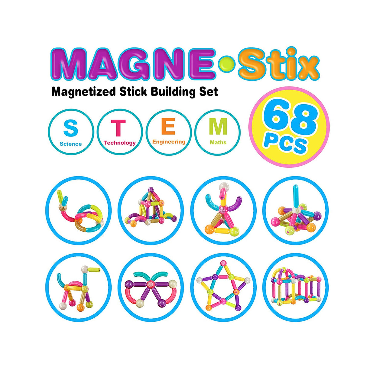 Contixo ST2 Kids Magnetic Stix Stick 68 PCs 3D Building Blocks by Contixo