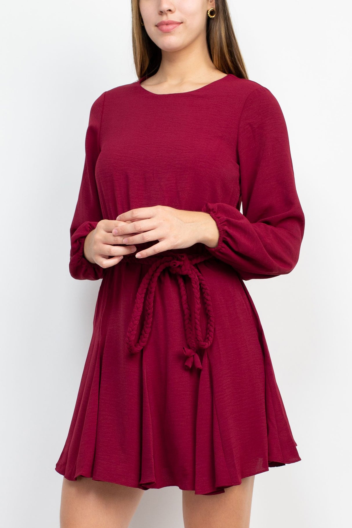 Sage Collective Crew Neck Long Sleeve Tie Waist Godet Hem Keyhole Back Solid Twill Dress by Curated Brands