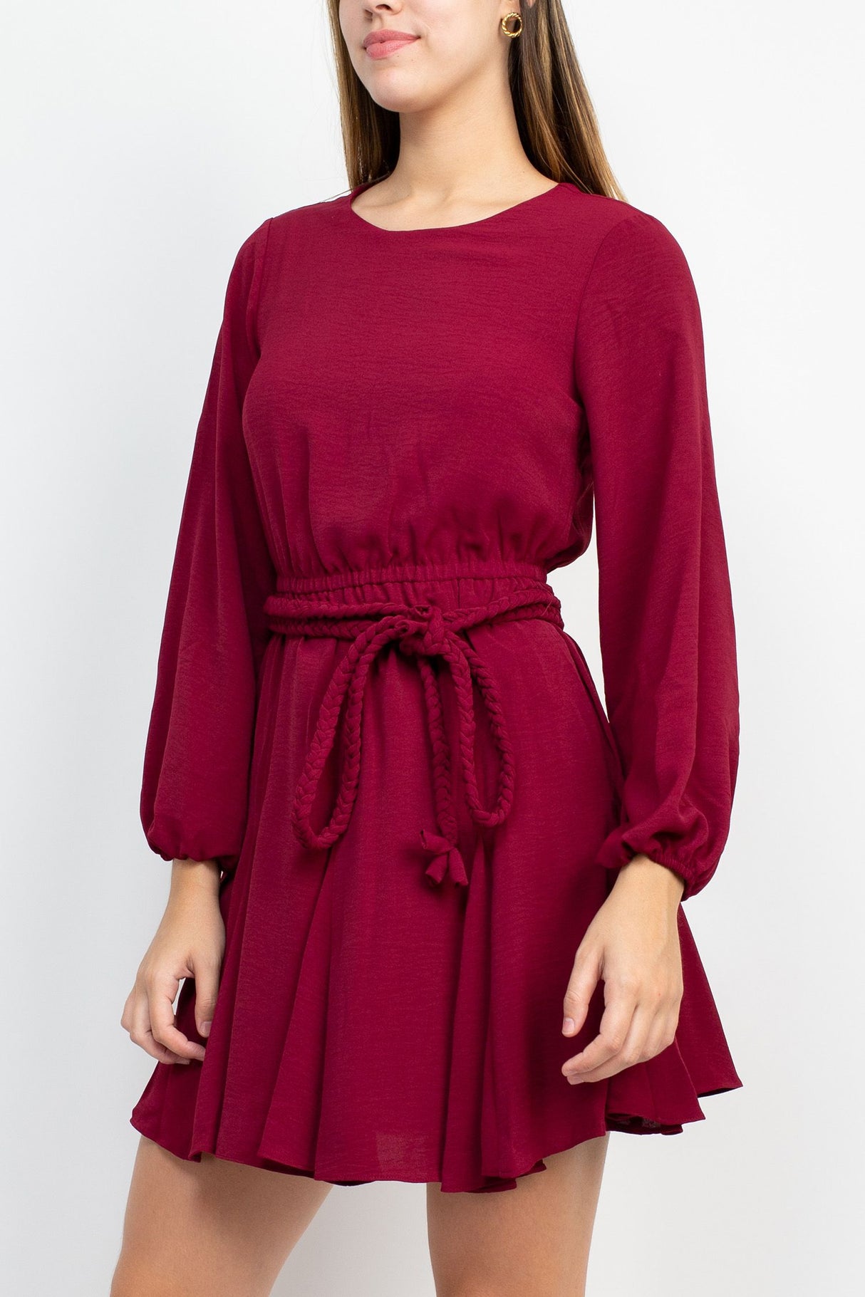 Sage Collective Crew Neck Long Sleeve Tie Waist Godet Hem Keyhole Back Solid Twill Dress by Curated Brands