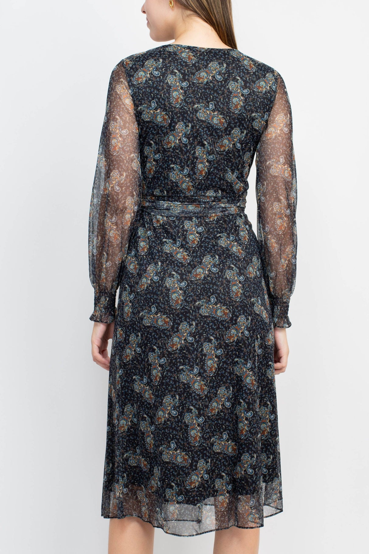 Sage Collective V-Neck Long Sleeve Tie Waist Paisley Print Power Mesh Dress by Curated Brands