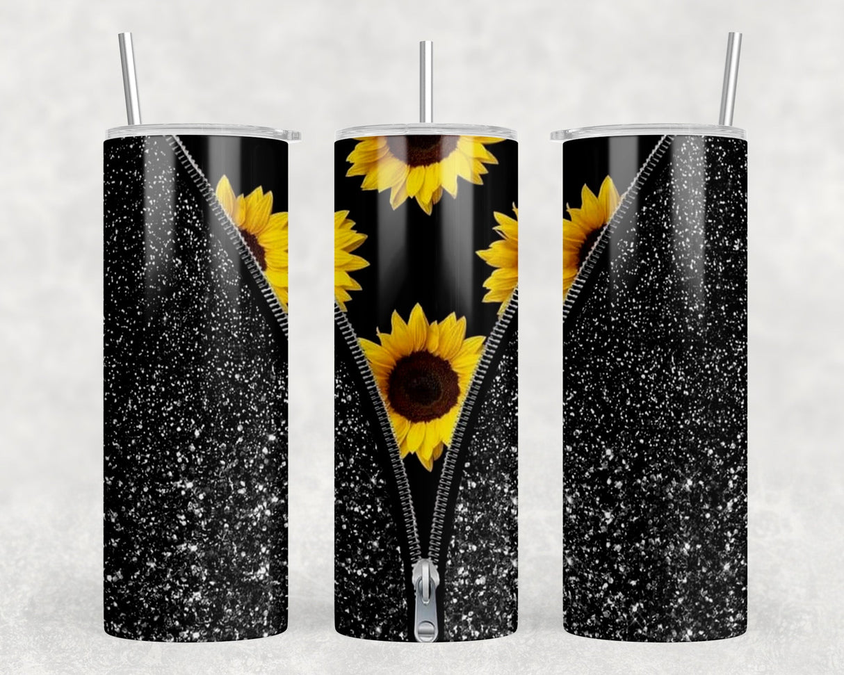 Sunflower faux glitter - 20 oz Steel Skinny Tumbler - Optional Blue Tooth Speaker - Speaker Color will Vary by Rowdy Ridge Co