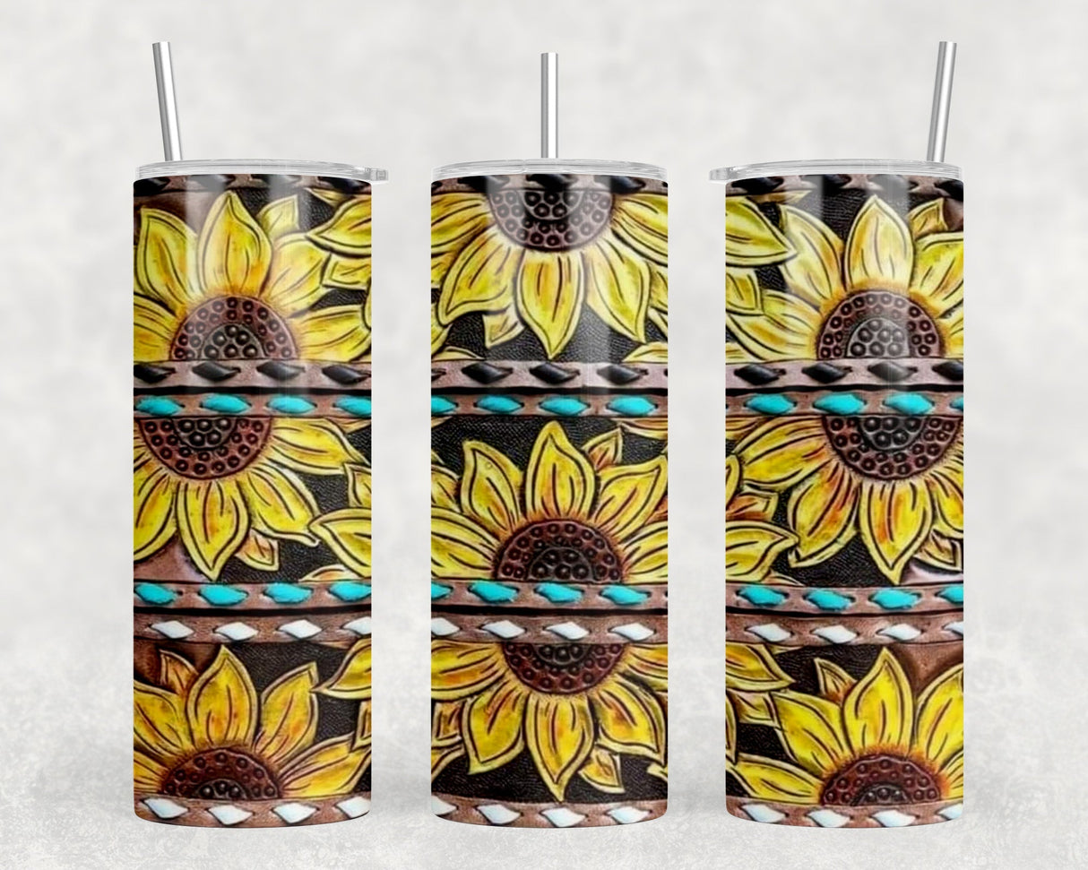 Sunflower faux leather - 20 oz Steel Skinny Tumbler - Optional Blue Tooth Speaker - Speaker Color will Vary by Rowdy Ridge Co