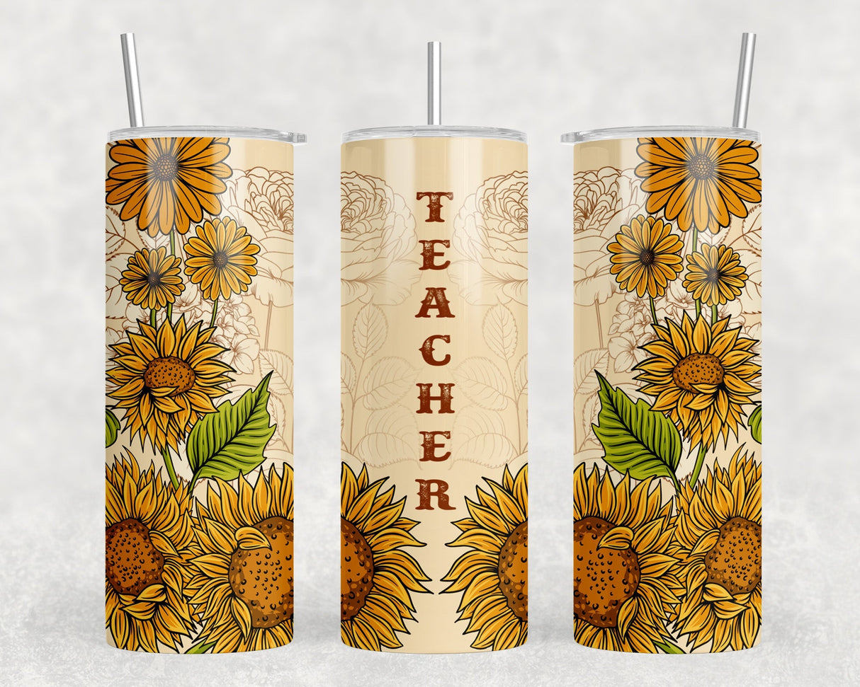 Sunflower Teacher - 20 oz Steel Skinny Tumbler - Optional Blue Tooth Speaker - Speaker Color will Vary by Rowdy Ridge Co