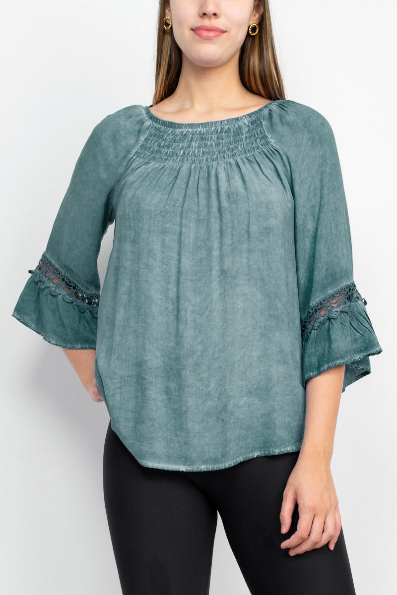 Floral + Ivy Round Neck 3/4 Sleeve Ruched Neck Rayon Top by Curated Brands