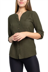 Floral + Ivy Notched Button Down 3/4 Sleeve Solid Knit Top with Front Pocket by Curated Brands