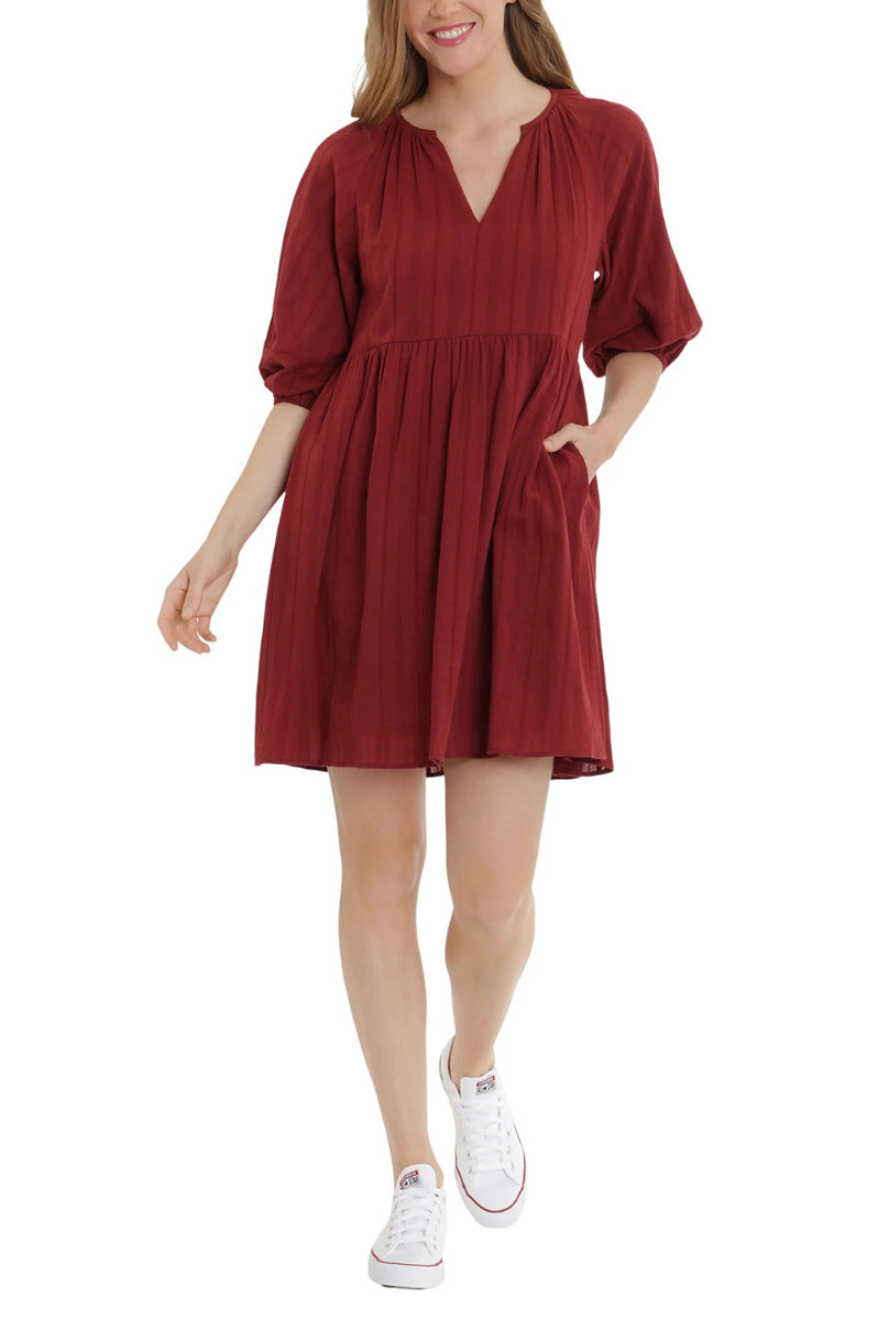 London Times V-Neck 3-4 Sleeves with Elastic Hems Short Blouson Cotton Dress by Curated Brands