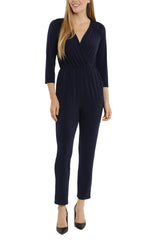 London Times Collared V-Neck Smocked Shoulder 3/4 Sleeve Elastic Waist Ruched ITY Jumpsuit with Pockets by Curated Brands