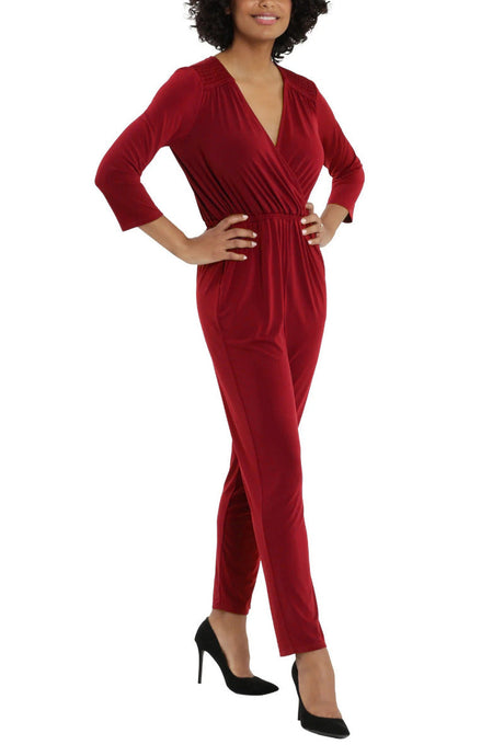 London Times Collared V-Neck Smocked Shoulder 3/4 Sleeve Elastic Waist Ruched ITY Jumpsuit with Pockets by Curated Brands