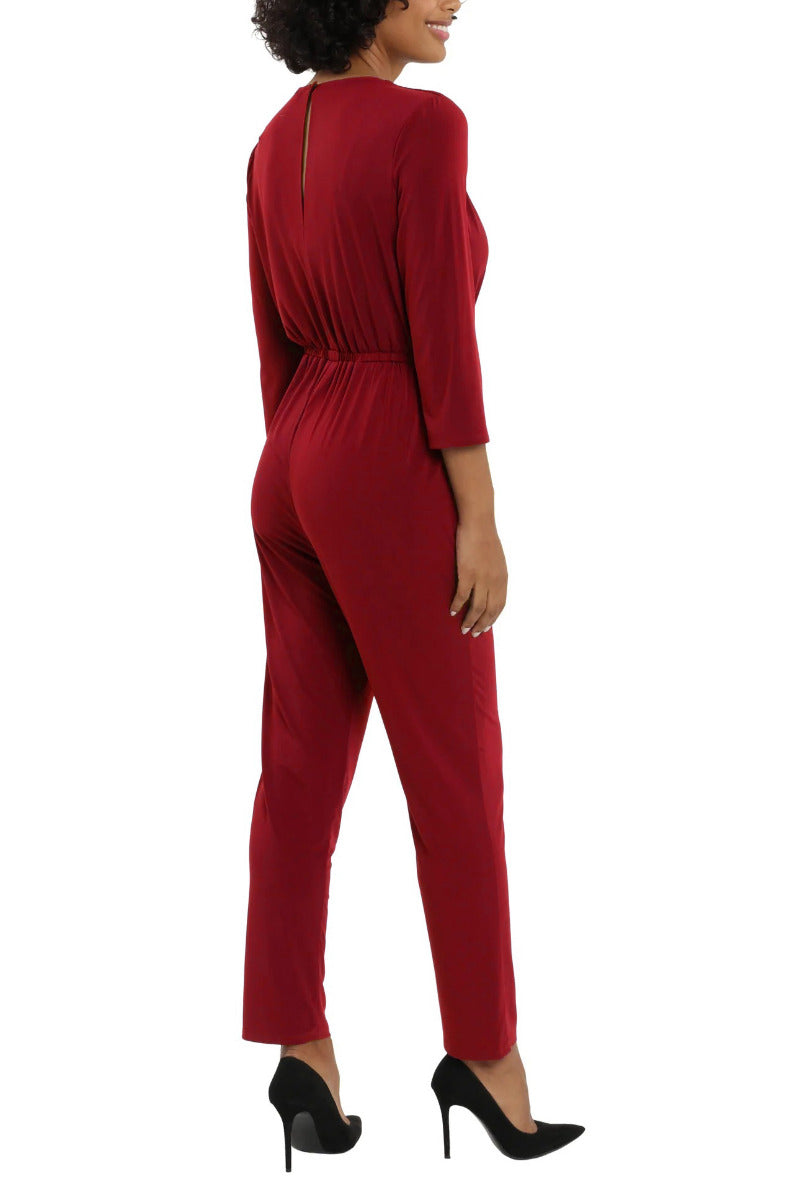 London Times Collared V-Neck Smocked Shoulder 3/4 Sleeve Elastic Waist Ruched ITY Jumpsuit with Pockets by Curated Brands