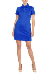 London Times Collared Button Short Sleeve Bodycon Solid Short Scuba Dress with Pockets by Curated Brands