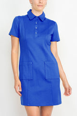 London Times Collared Button Short Sleeve Bodycon Solid Short Scuba Dress with Pockets by Curated Brands