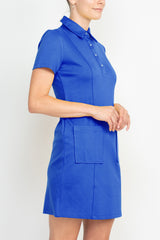 London Times Collared Button Short Sleeve Bodycon Solid Short Scuba Dress with Pockets by Curated Brands