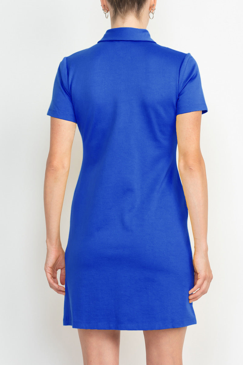 London Times Collared Button Short Sleeve Bodycon Solid Short Scuba Dress with Pockets by Curated Brands