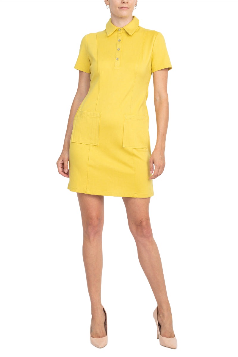 London Times Collared Button Short Sleeve Bodycon Solid Short Scuba Dress with Pockets by Curated Brands