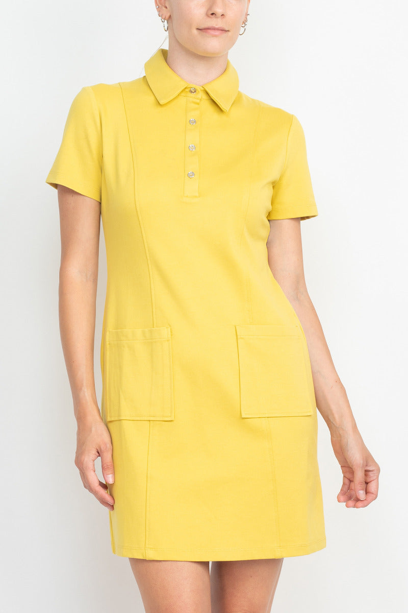 London Times Collared Button Short Sleeve Bodycon Solid Short Scuba Dress with Pockets by Curated Brands