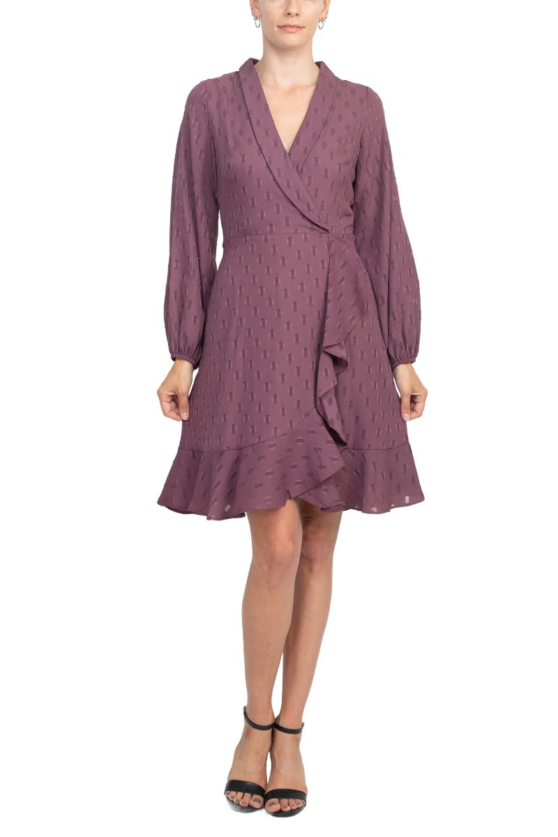 London Times Shawl Collar V-Neck Long Sleeves with Cuffs Back Zipper Ruffled Hem Short Dress by Curated Brands